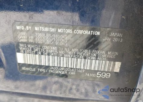 2013 Mitsubishi Lancer Es from USA, damaged, VIN JA32U2FU2DU021027